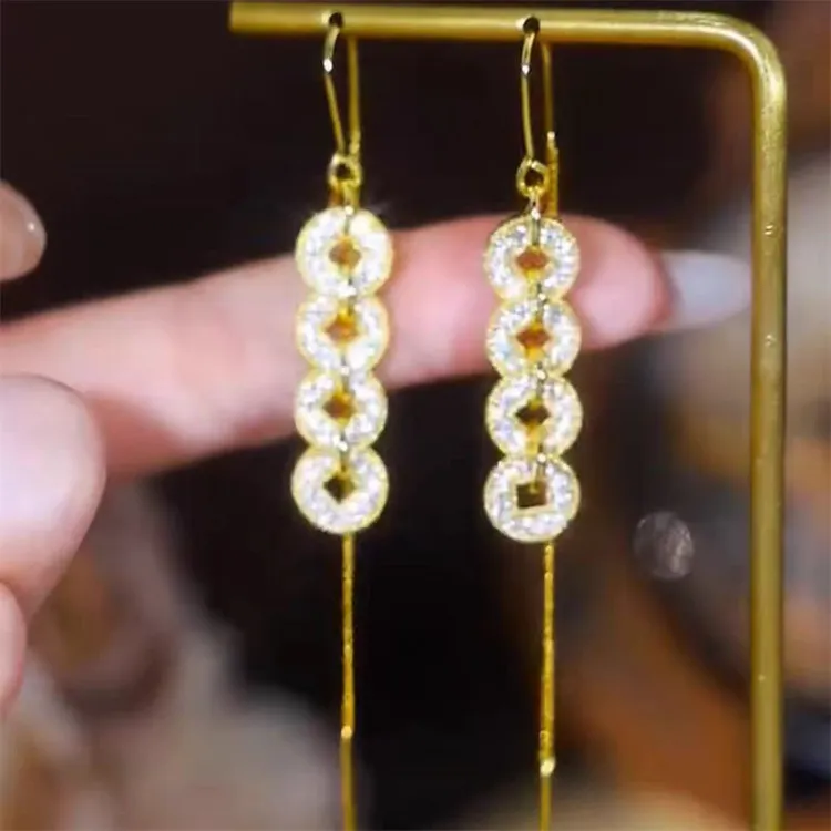 合金耳饰 新中式五帝钱币耳线长款流苏网红百搭气质耳坠高级感