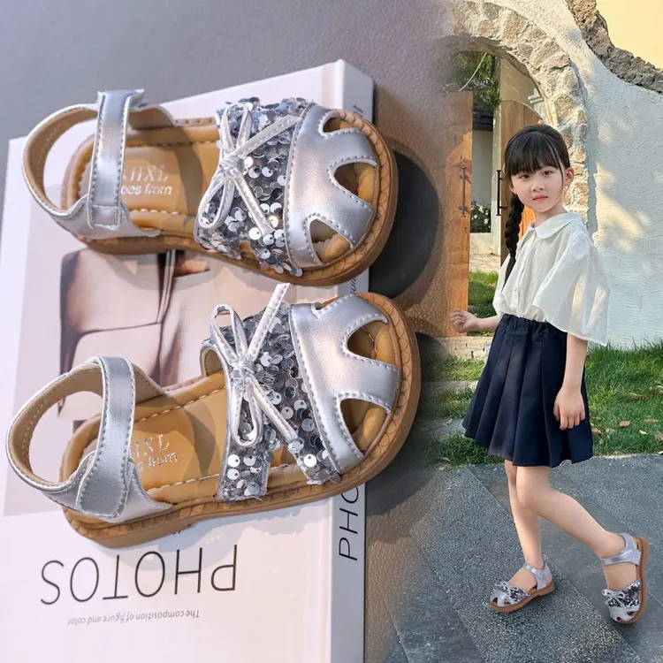 MT女童亮片包头凉鞋2025软底透气宝宝罗马凉鞋夏季小女孩洋气公主