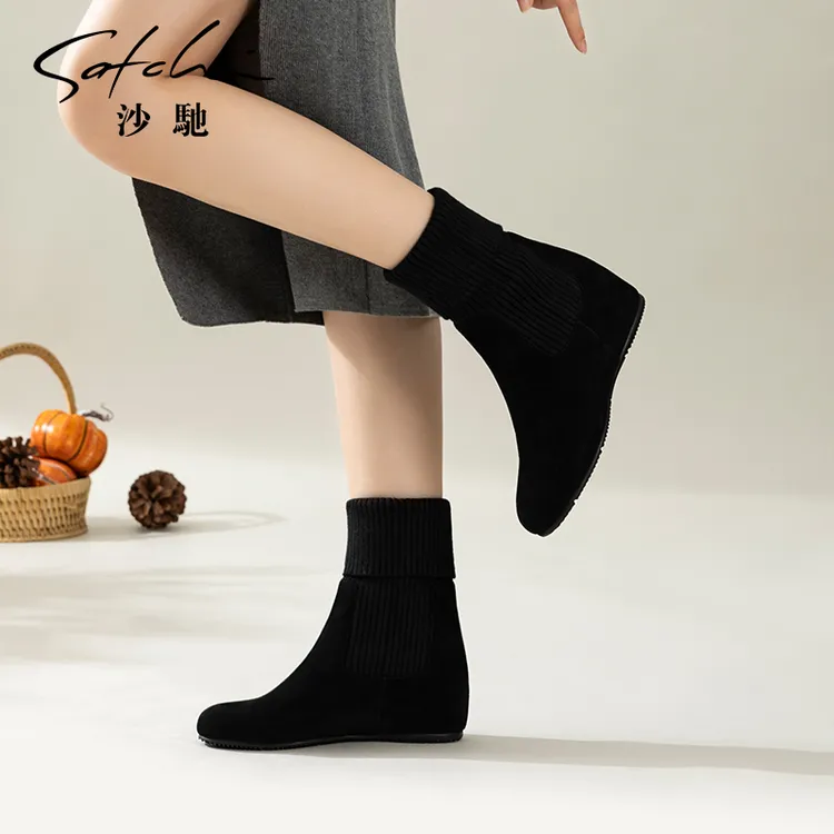 沙驰女靴内增高显瘦弹力袜靴冬新款时尚舒适女士毛线靴瘦瘦时装靴