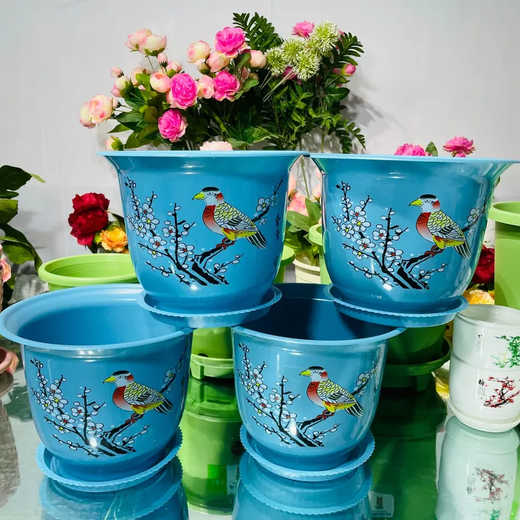 （4个盆带托）蓝色喜鹊花盆口径23厘米高度17厘米