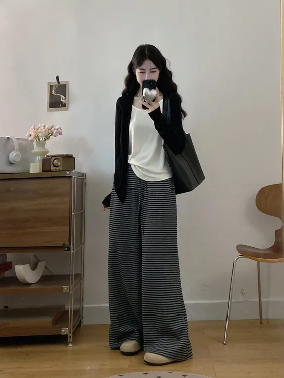 大码女装气质休闲假两件上衣+条纹休闲裤两件套套装