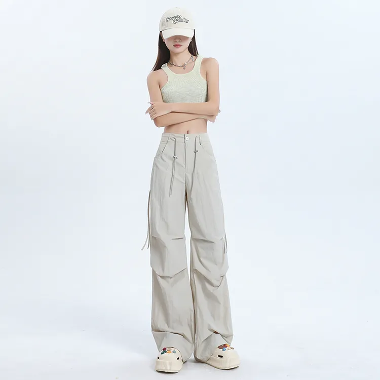 夏季薄款抽绳速干高腰显瘦工装裤女垂感阔腿百搭休闲美式运动裤子