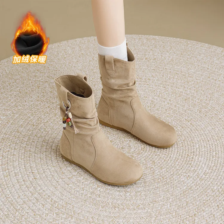华耐短靴女2025秋冬新款加绒保暖复古堆堆靴时尚休闲勃肯时装女靴