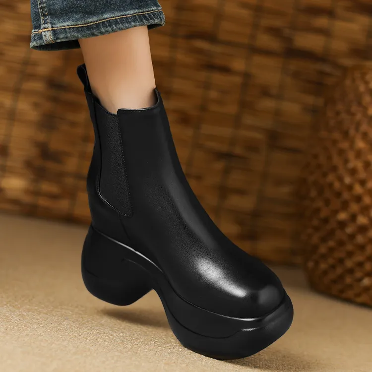 11cm厚底真皮切尔西靴子女秋冬款高级感牛皮百搭小短靴坡跟烟筒靴