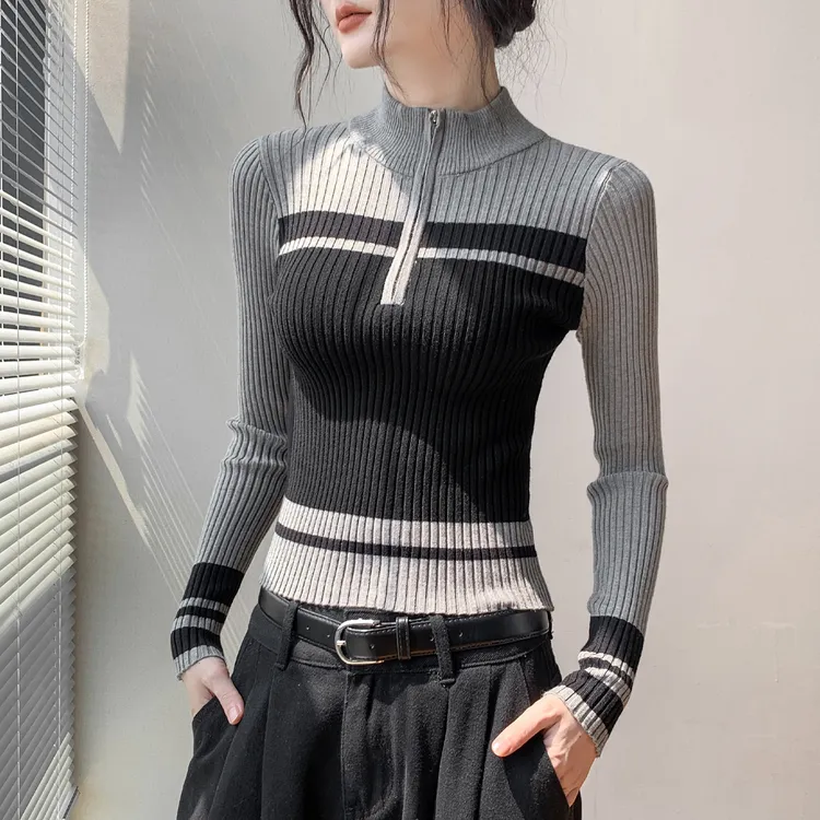 韩版拉链打底衫女2025秋冬新款流行坑条长袖针织衫内搭高级感上衣