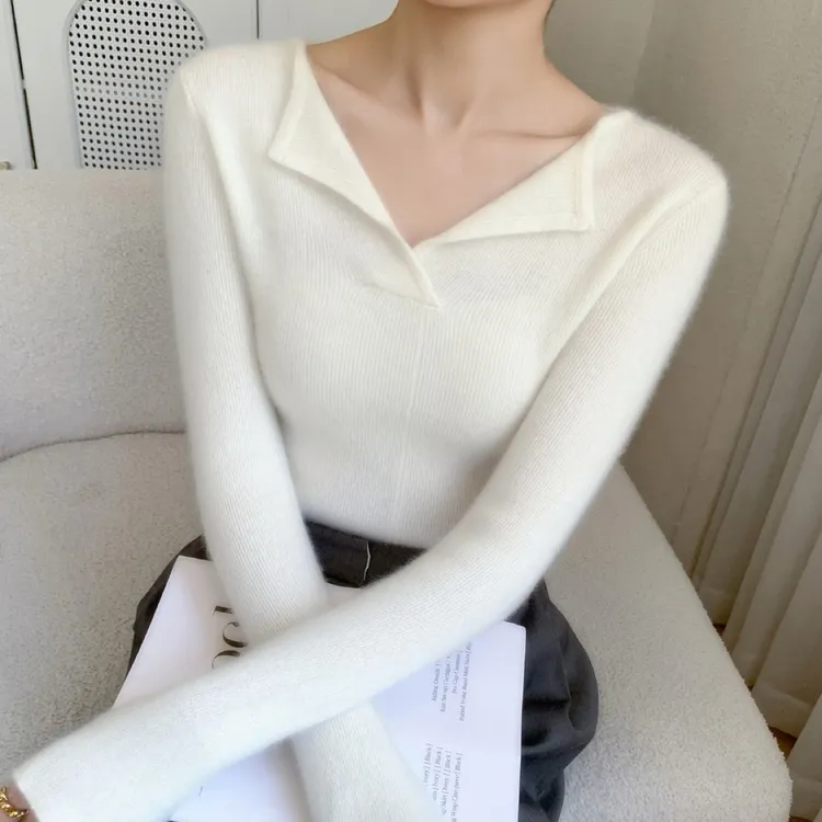 小众时尚～V领山羊绒衫女2025秋冬长袖翻领毛衣内搭打底衫修身上衣