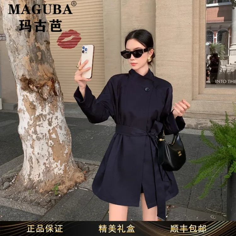 玛古芭女装复古藏青色系带修身短款风衣女秋新款立领收腰显瘦外套