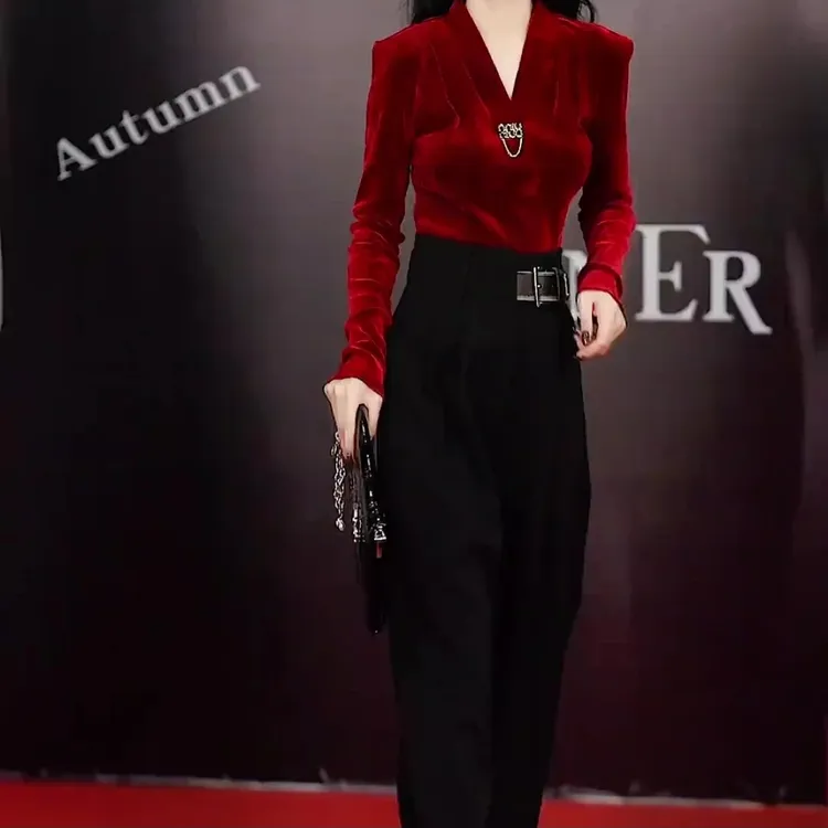 V领时尚百搭上衣搭配时尚高腰阔腿裤女款气质