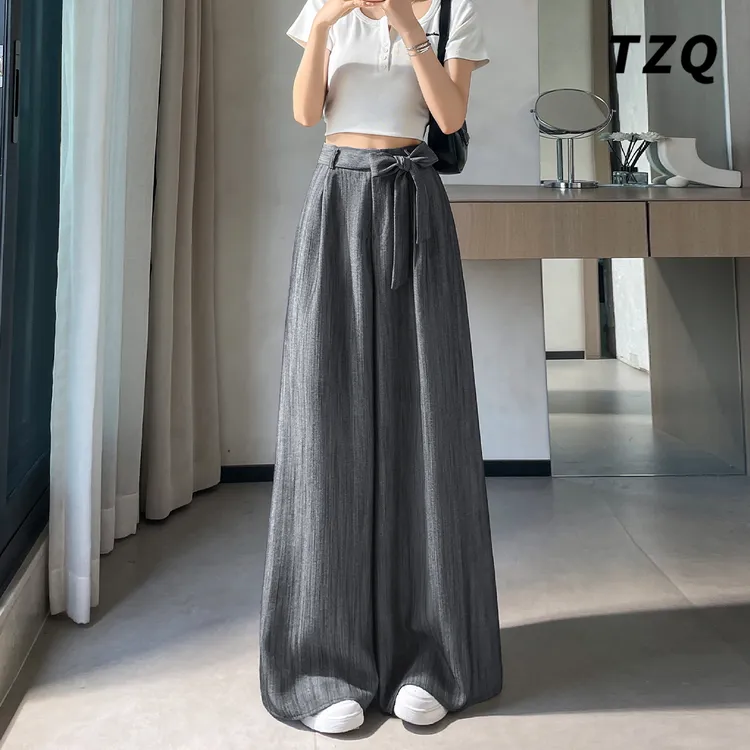 夏日薄款灰色亚麻阔腿裤女绑带高腰垂感百搭拖地直筒裤TZQ2571520
