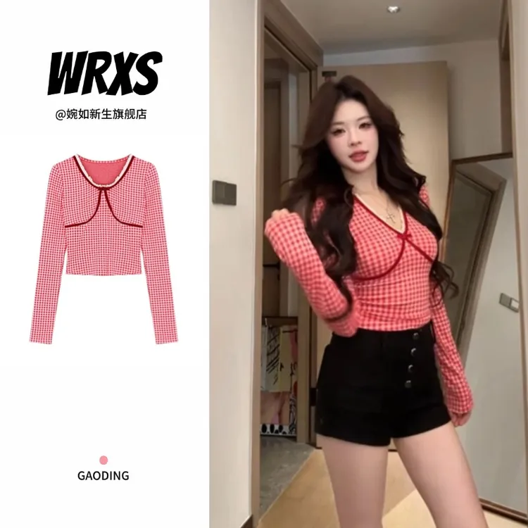 【婉如新生】韩系甜美性感V领格子撞色长袖t恤女时尚气质修身上衣潮