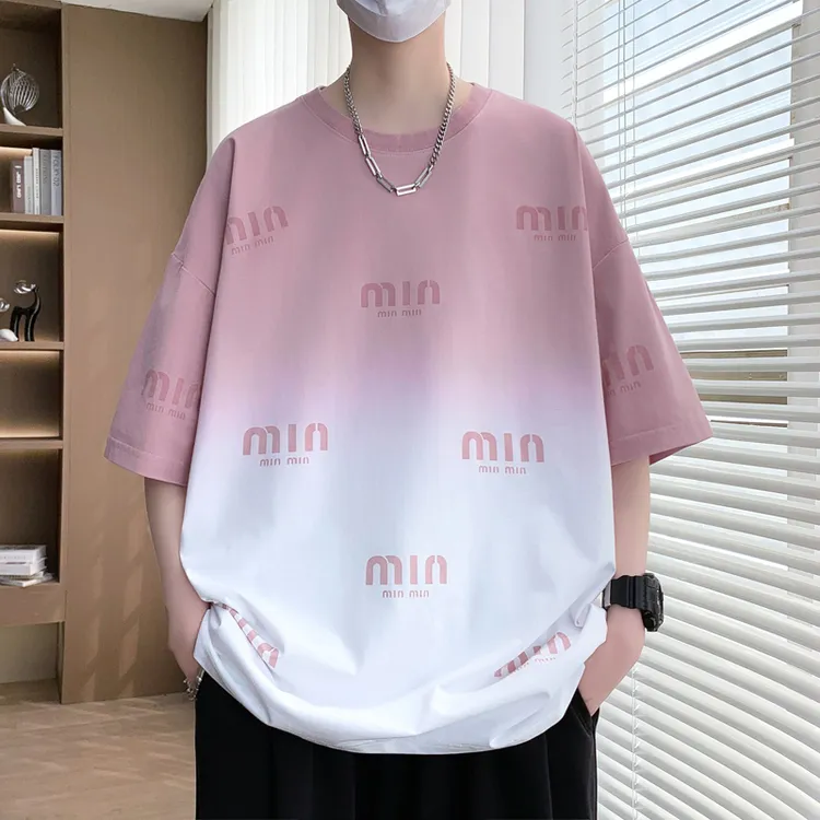 大学生青少年粉色t恤男款美式宽松短袖夏季字母印花半袖初中生棉T