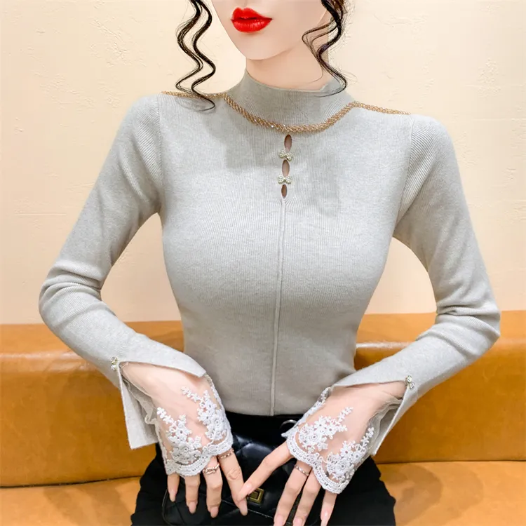 实拍蕾丝拼接钉珠镂空内搭半高领针织衫女秋冬修身冬季长袖毛衣