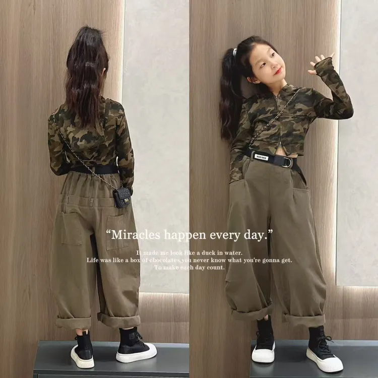 女童2025秋季炫酷迷彩长袖连帽开衫中大童美式复古工装裤潮两件套