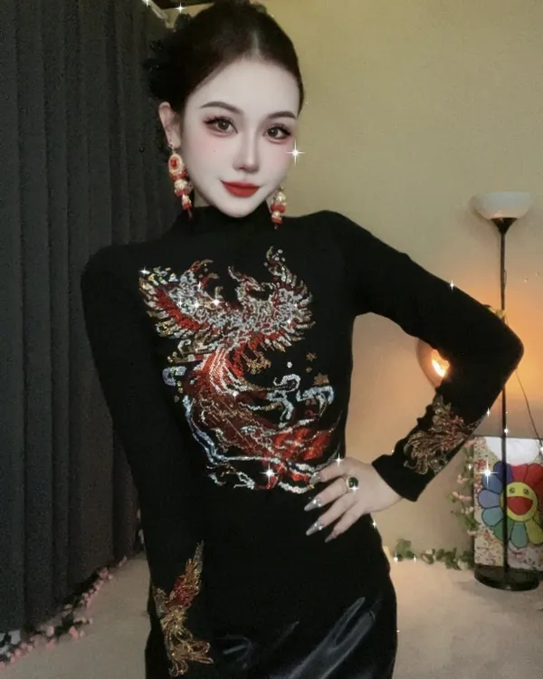 【18火凤凰秋冬新款半高领】加绒打底衫内搭时尚烫钻上衣显瘦长袖