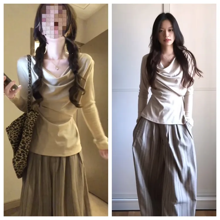 高智感荡领上衣秋季纽扣收腰设计通勤气质长袖打底衫女X11181