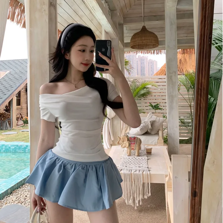 法式一字肩短袖T恤女夏季甜辣小众设计感褶皱修身收腰绝美小上衣