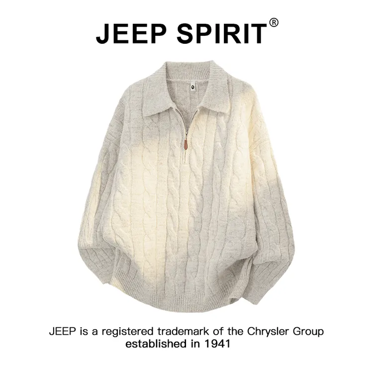 JEEPSPIRIT吉普半拉链翻领毛衣男士秋冬麻花针织衫慵懒风休闲上衣