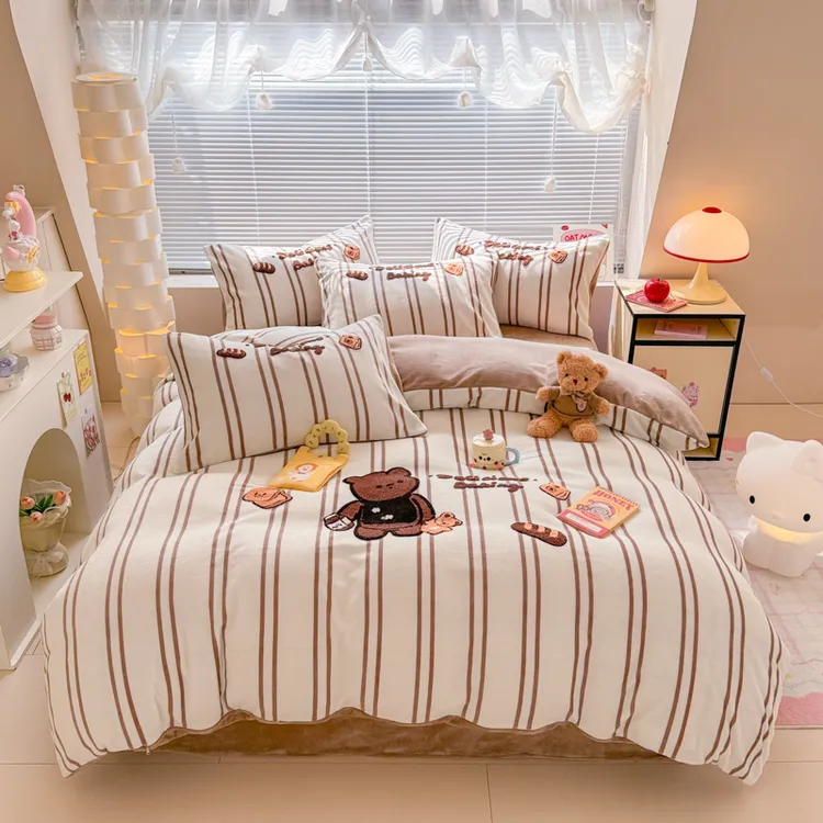 2024新款加绒毛绒加厚单人双面绒绒被A类印花牛奶绒毛巾绣四件套