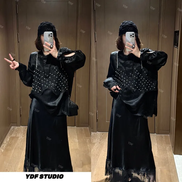 YDFSTUDIO小众【千金盛宴】欧货高品假两件设计醋酸上衣+半身裙套装