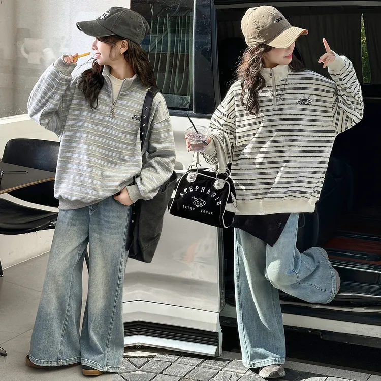 女童春秋款条纹卫衣套装2026新款儿童春季牛仔阔腿裤两件套6-13岁