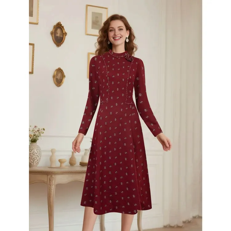 秋冬长袖圆领复古港风连衣裙修身显瘦妈妈装-68372