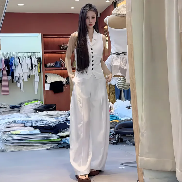 E312+E313新款高级感洋气马甲背心上衣显瘦阔腿裤子减龄时尚套装