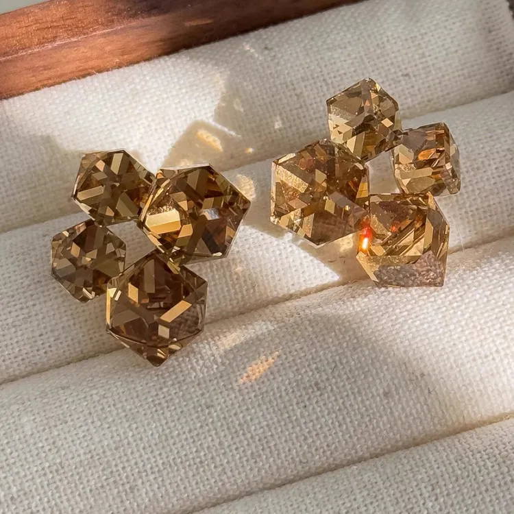 合金玻璃耳饰 立体方糖设计感茶色美拉德咖色小方块高级感耳环