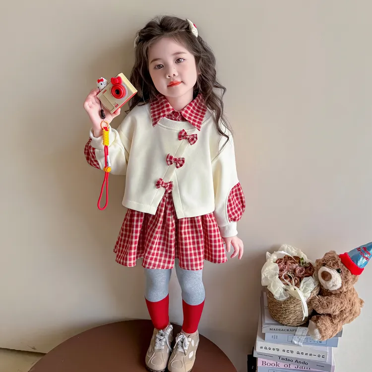 女童套装春秋款2025新款韩版小女孩假两件卫衣裙女宝宝打底裤秋装
