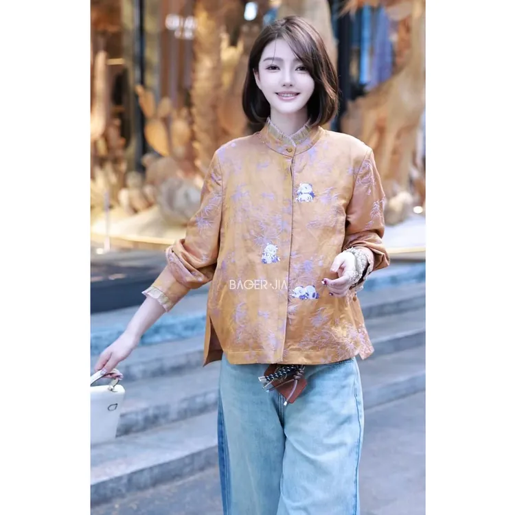 19-【秋颂】宝儿家含幂BK301025308XQ国风新中式精致设计感熊猫上衣