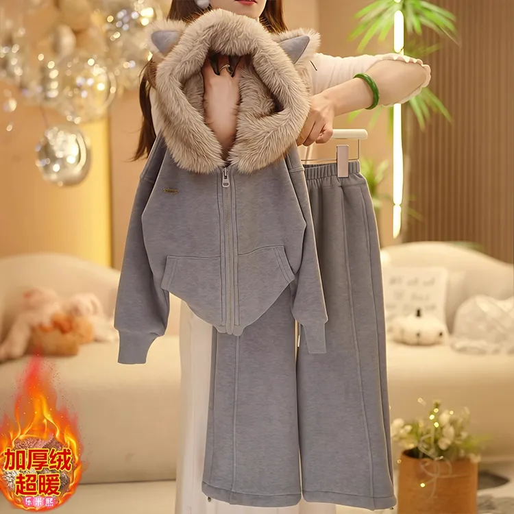 女童加绒外套卫裤套装2025新款秋冬双面加厚一体绒卡通卫衣阔腿裤