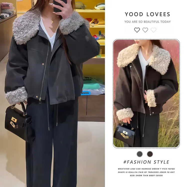2025冬季新款韩版时尚设计感毛毛大翻领拉链百搭加厚短外套女潮