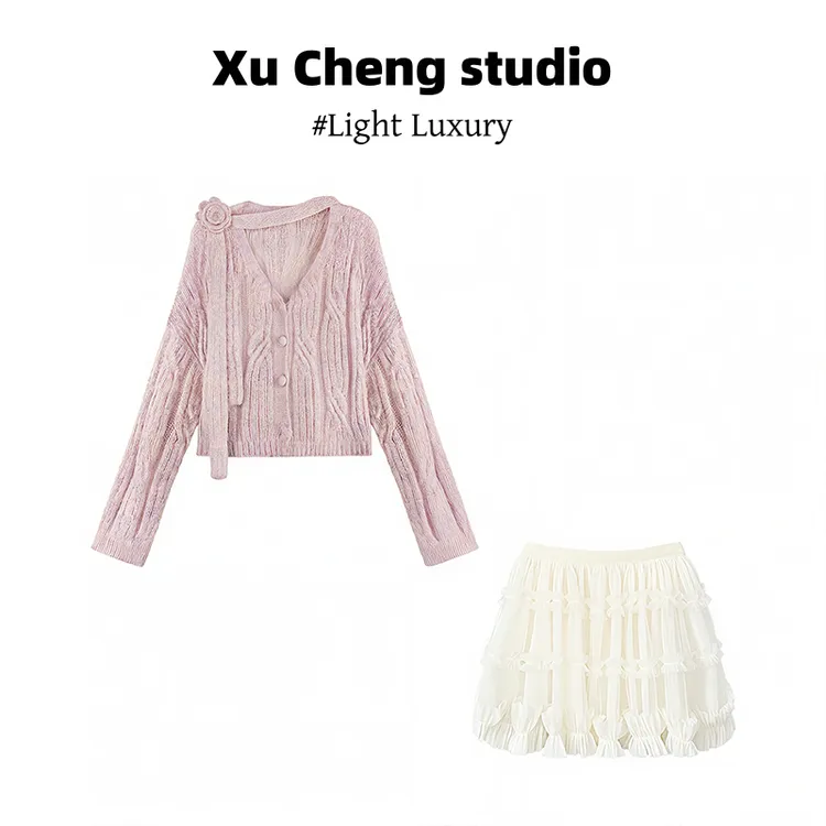 Xu Cheng毛衣针织衫初春穿搭套装V领飘带长袖高腰半身网纱蛋糕裙