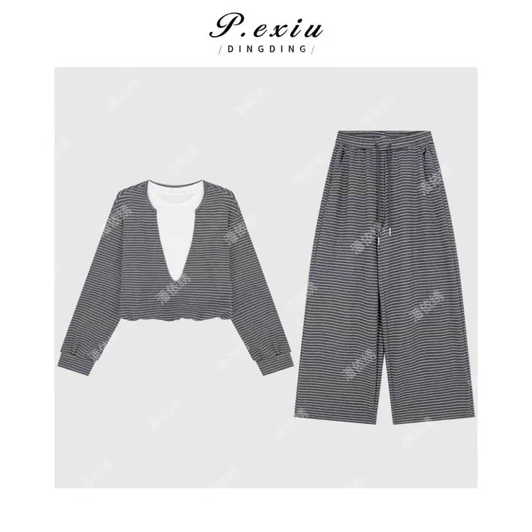 松弛感撞色条纹假两件上衣松紧腰长裤套装M9191