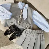 女童秋季套装2025新款儿童百搭学院风衬衫简约背心纯色百褶裙时尚