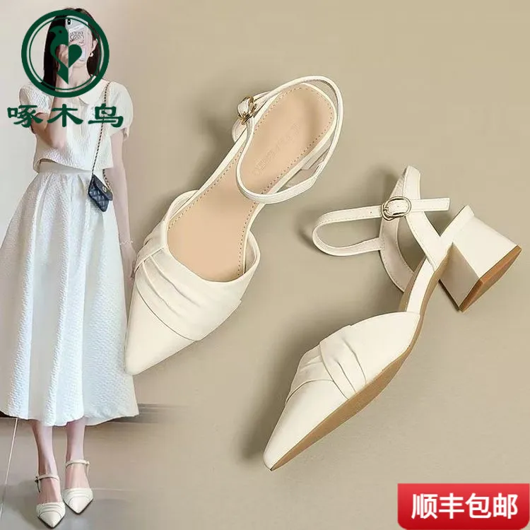 啄木鸟鱼嘴鞋透明水晶学生露脚趾高跟鞋包头凉鞋女中跟带后质粗跟