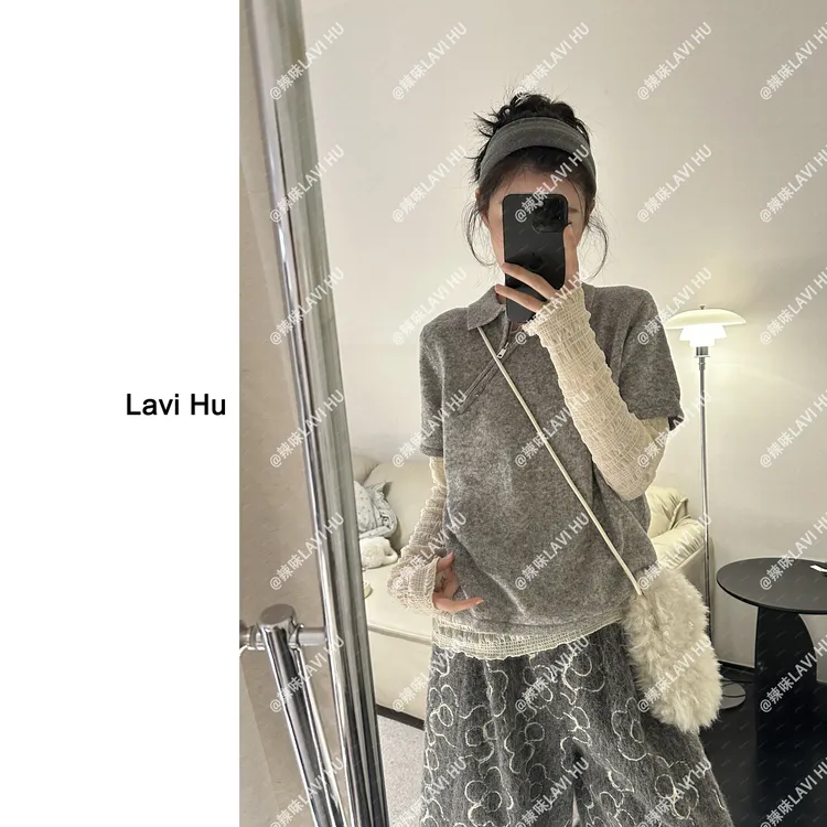 LAVI HU【匿名者】羊 毛针织短袖翻领斜襟拉链韩系上衣LW1651