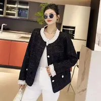 拼色木耳边小香风短外套粗花呢短款时尚编织上衣秋季新款大码女装