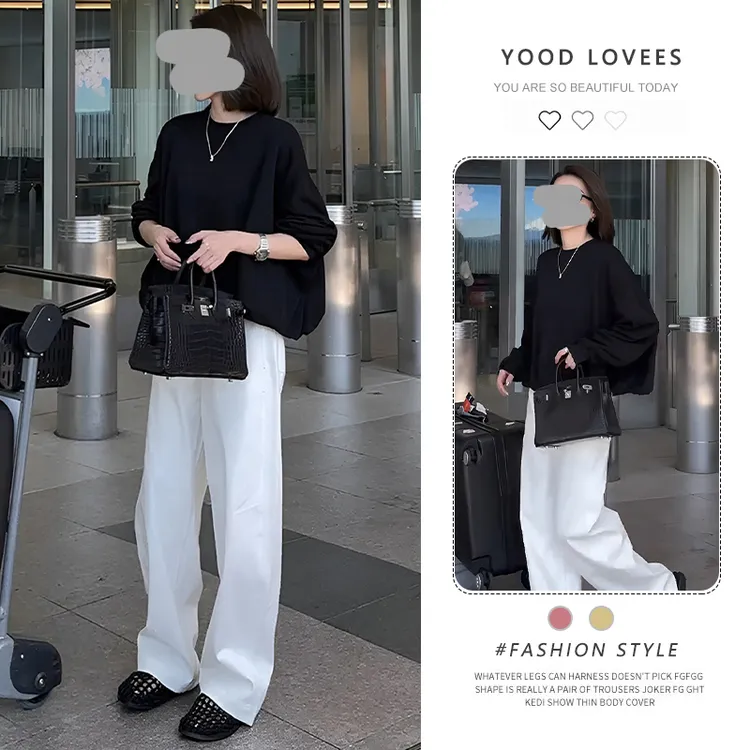 韩版女装慵懒风黑色长袖t恤休闲长裤春秋新款百搭设计感气质套装