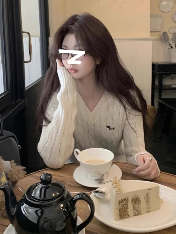 老钱风小狗刺绣v领毛衣女早秋复古外穿春秋内搭显瘦打底针织衫