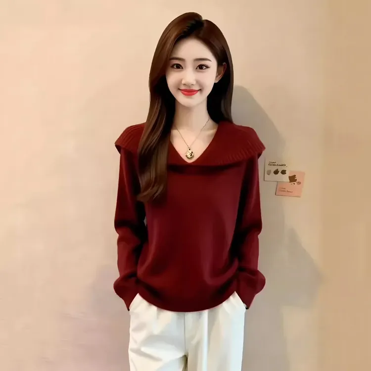 大码慵懒翻领圣诞新年红色毛衣女2025秋冬新款高级感洋气针织上衣