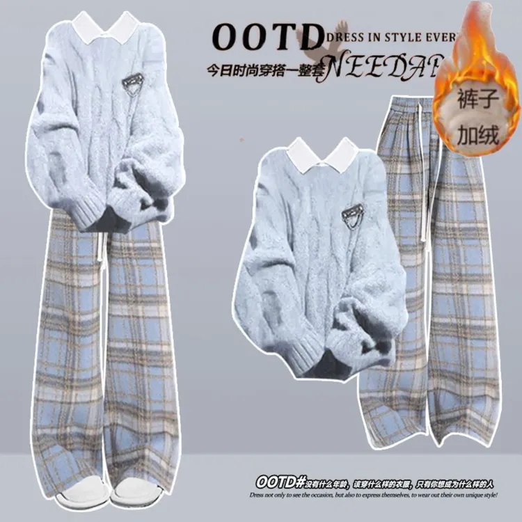 奶fufu慵懒高级感学院风蓝色毛衣女秋冬2025新款小个子短款针织衫