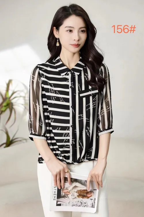 女士夏季时尚条纹短袖宽松休闲遮肚衬衫