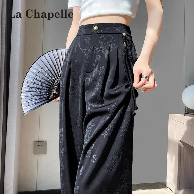 拉夏贝尔醋酸缎面阔腿裤女2025新款夏季新中式薄款国风冰丝西装裤