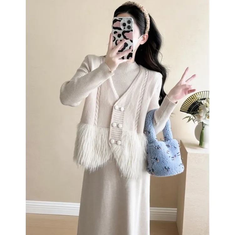 1687两件套马甲连衣裙显瘦气质长毛马甲+内搭连衣裙时尚