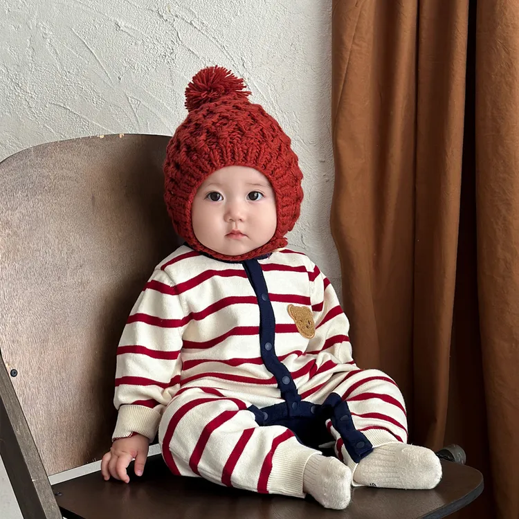 婴儿春秋款连体衣宝宝可爱洋气条纹针织毛衣爬服婴幼儿秋冬外出服