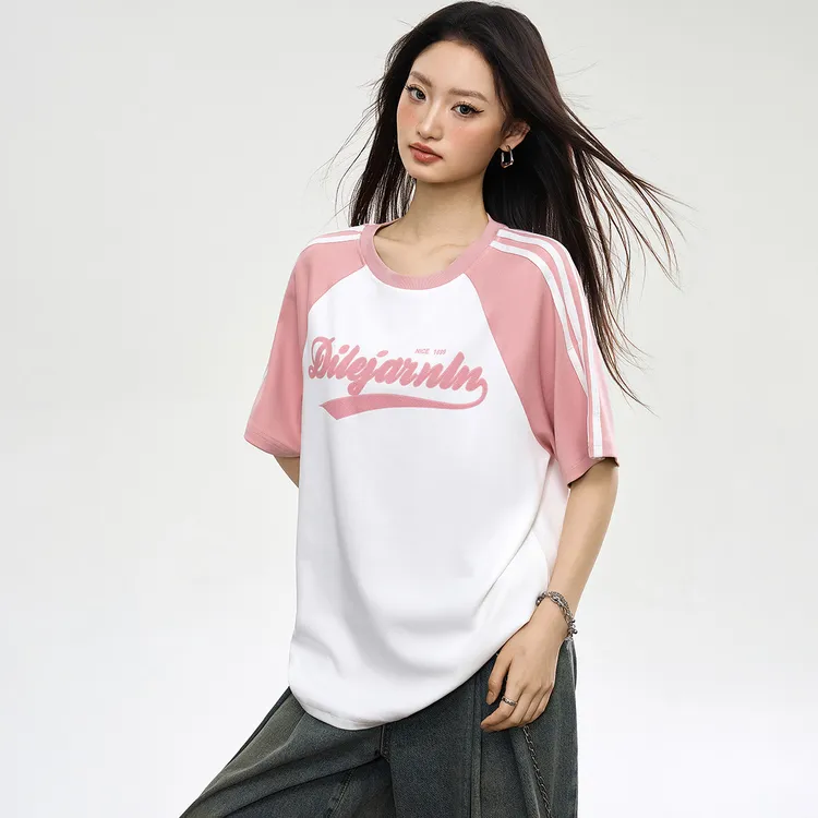 时尚撞色插肩袖宽松短袖T恤女款2025夏季新款纯棉潮牌圆领上衣