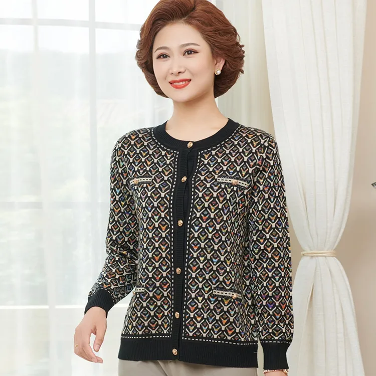 慕莲女装秋冬外套针织衫老年人女妈妈款洋气秋季格子开衫21130