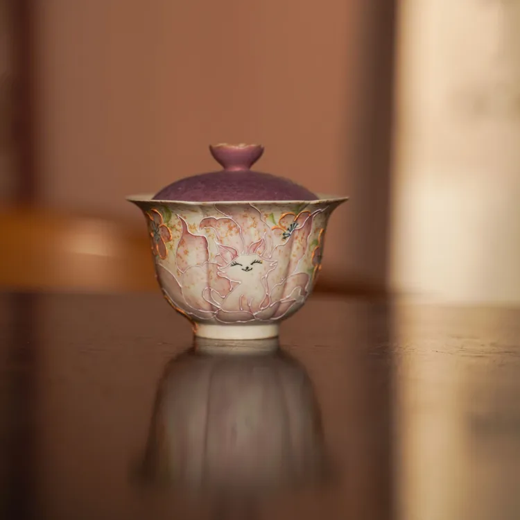 青花火石红九尾狐-釉下青花柴窑纯手工手绘老陶泥茶具系列