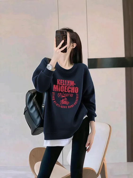 藏蓝色圆领卫衣春秋款女装2025新款爆款宽松洋气微胖遮屁股上衣服