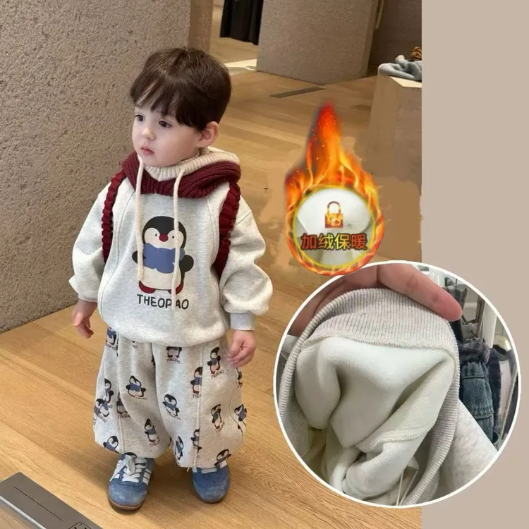 25年新款 秋冬款 童装 儿童可爱企鹅加绒加绒卫衣卫裤套装